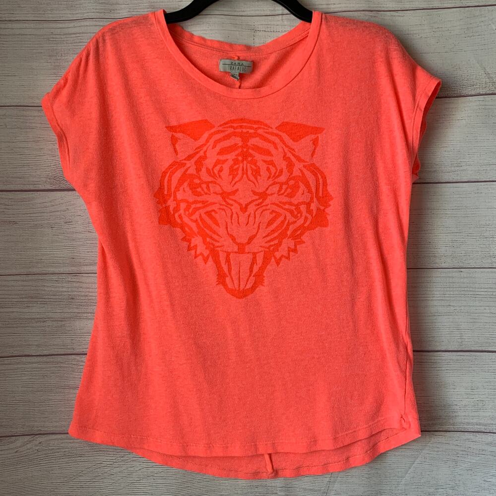 Zara Trafaluc Neon Tonal Coral Roaring Tiger Graphic T-Shirt Size S